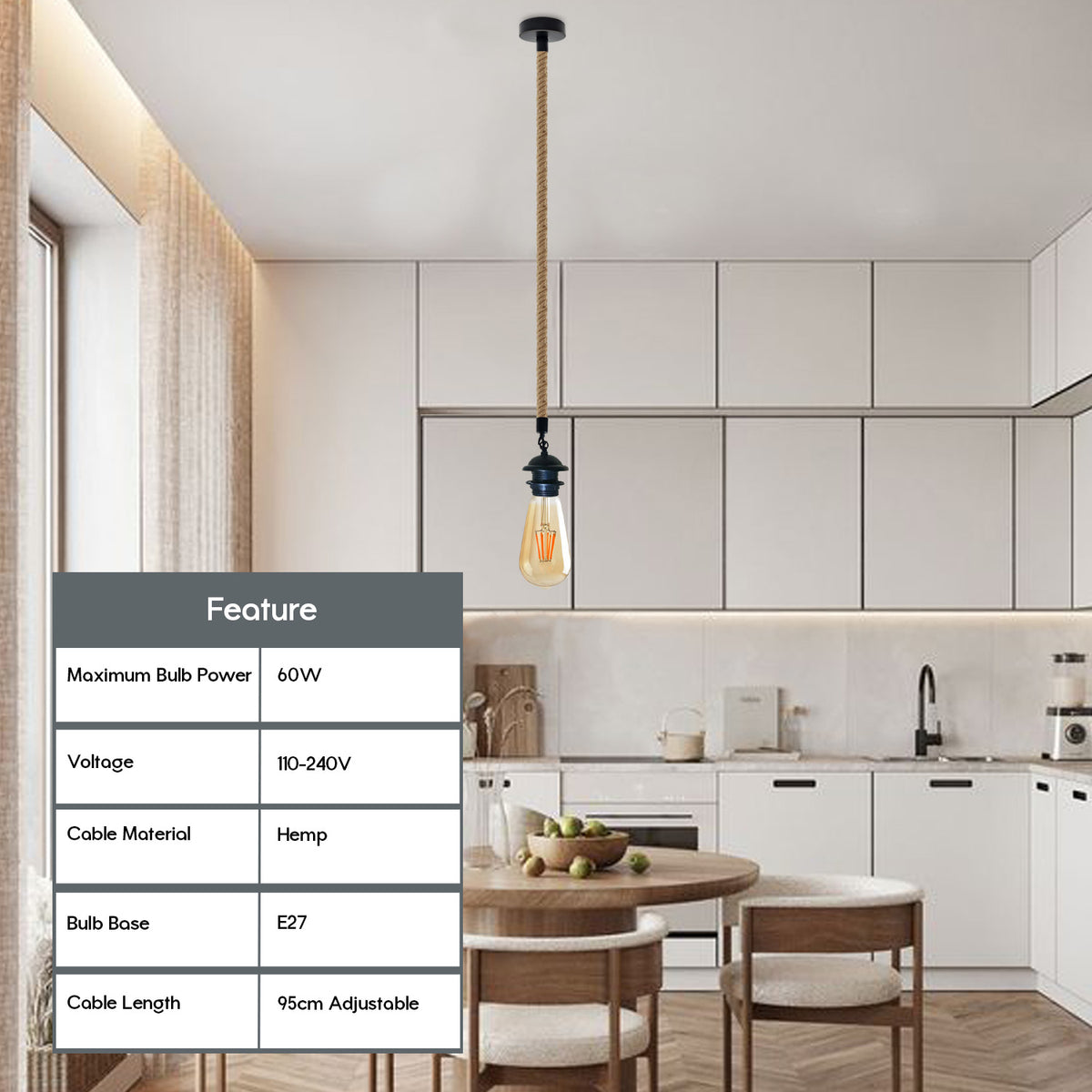 LEDSONE Vintage Pendant Light Fitting with E27 Lamp Holder & 95cm Hemp Cable – Dimmable Ceiling Hanging Light