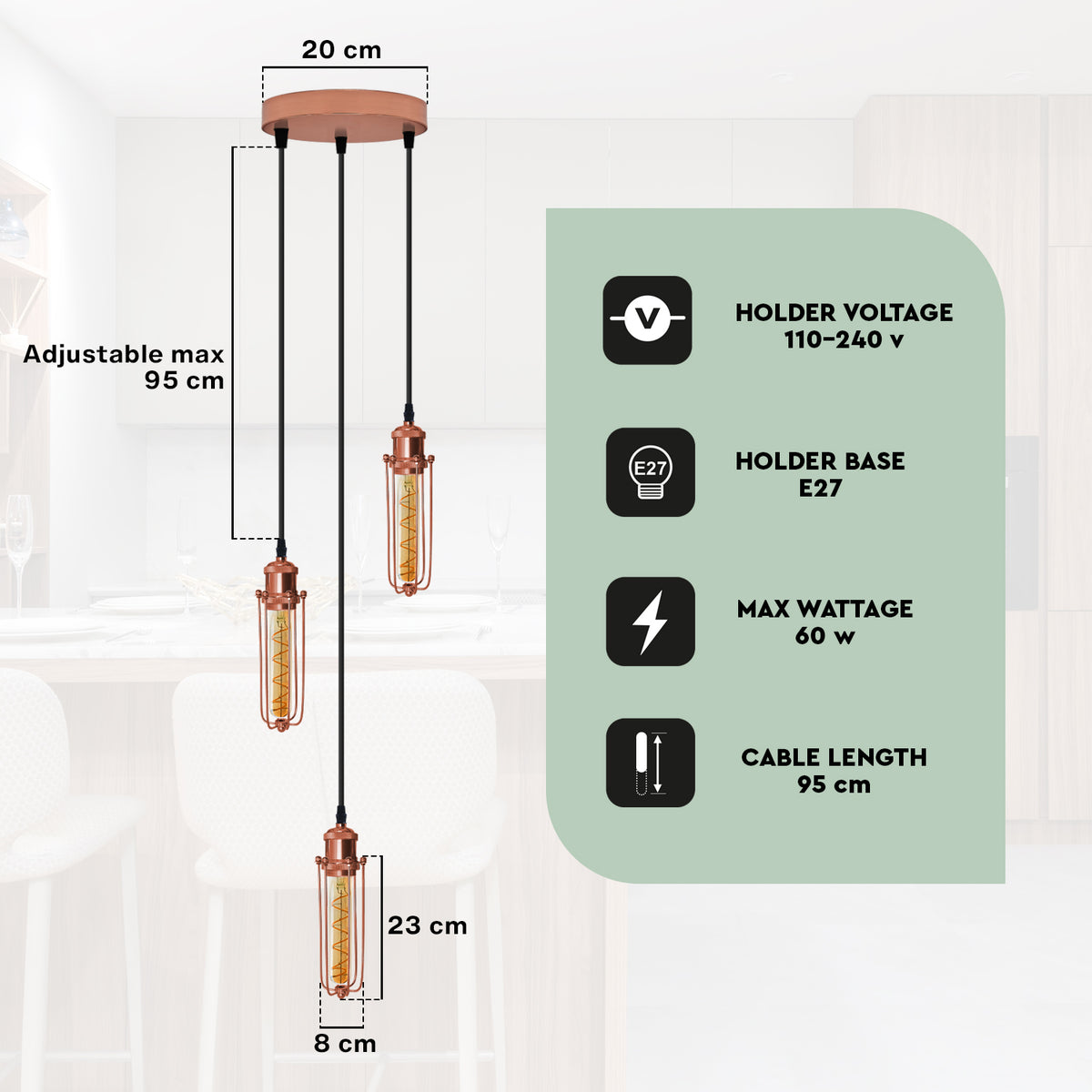 LEDSONE 3-Head Round Base Pendant Light with Rose Gold Wire Cages – Kitchen Island & Dining Room