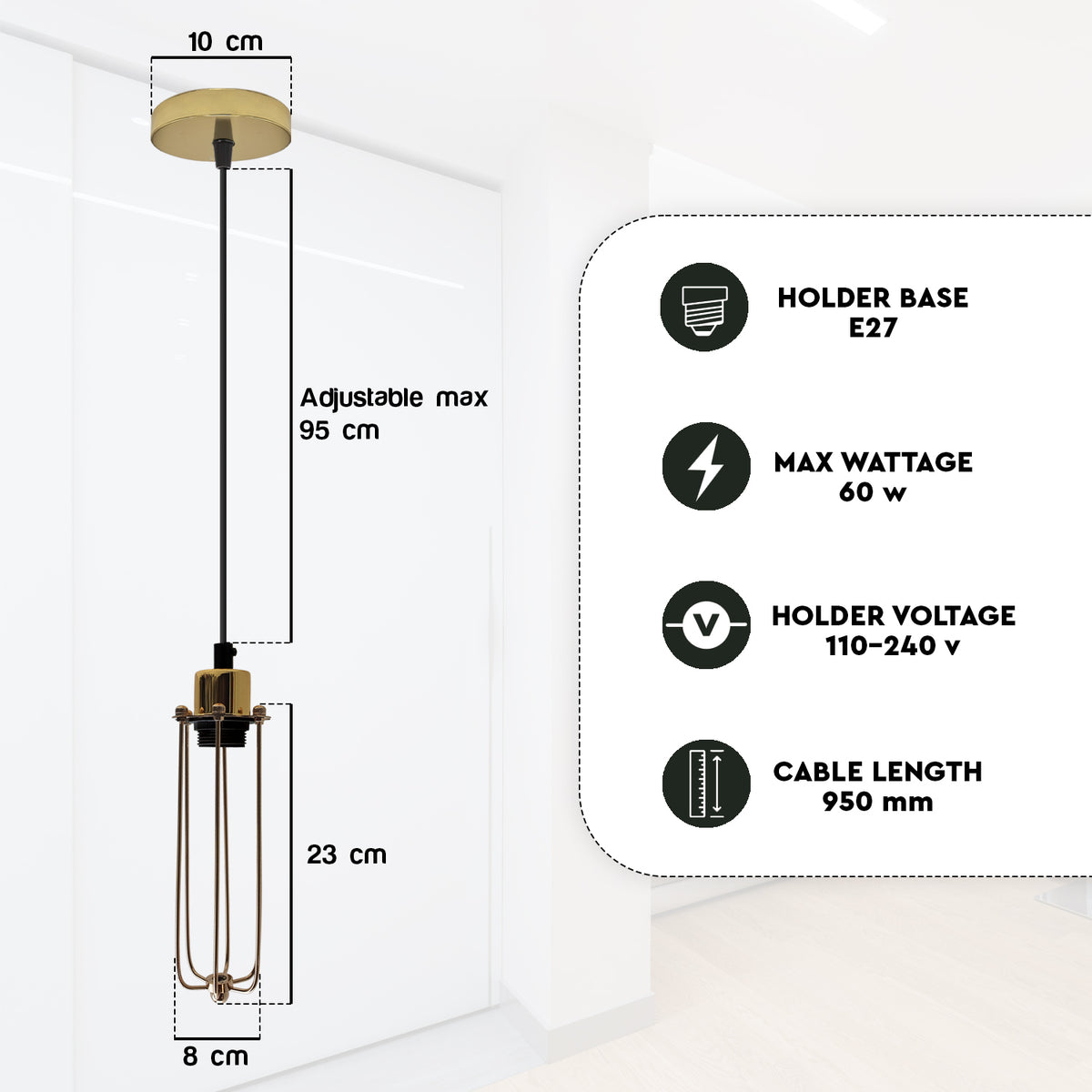 Single E27 Wire Cage Ceiling Pendant Light – Industrial Vintage Hanging Lamp, 95cm Adjustable Cord
