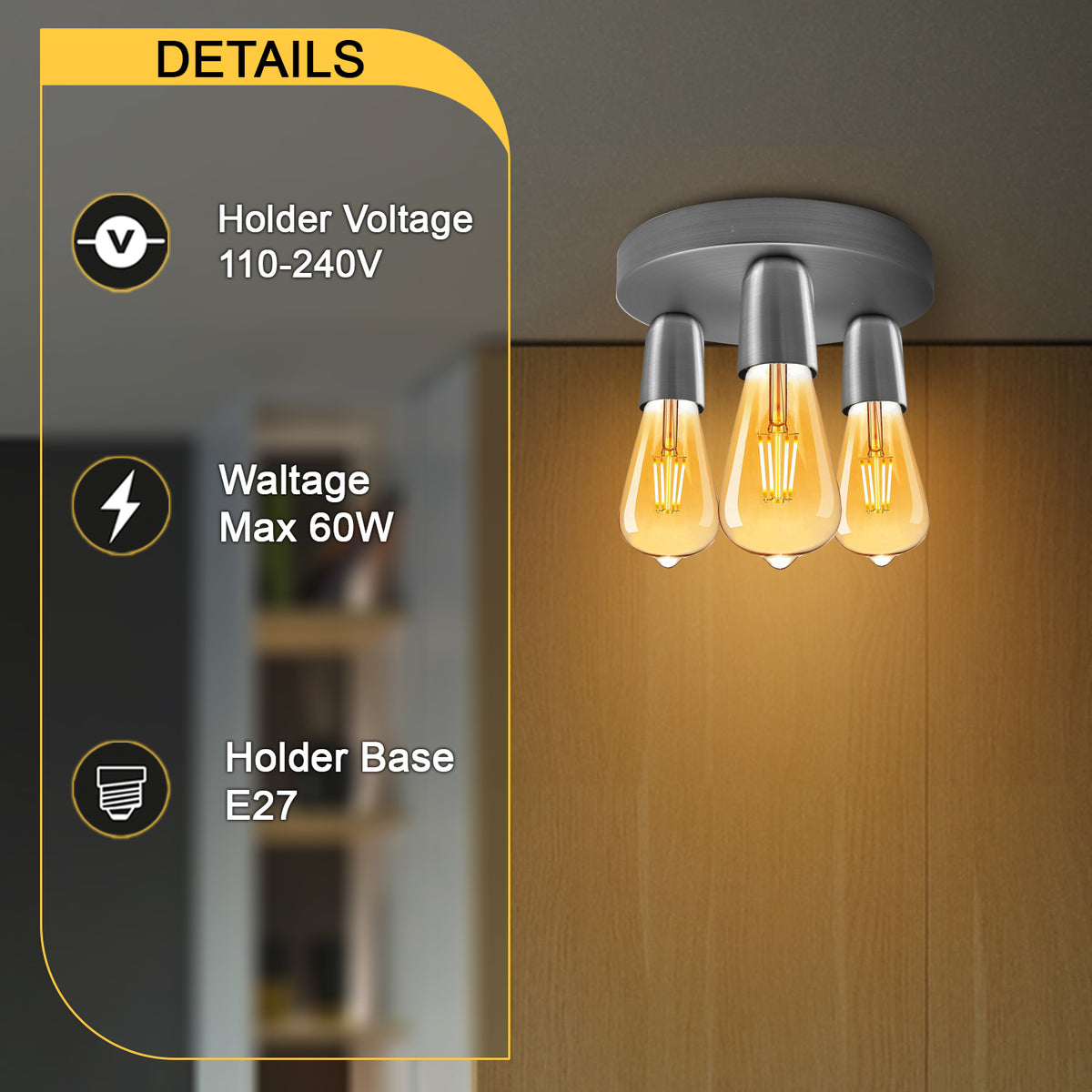 LEDSONE Satin Nickel Vintage 3-Way Semi Flush Ceiling Light with E27 Lamp Holders – Hallway, Bedroom & Kitchen