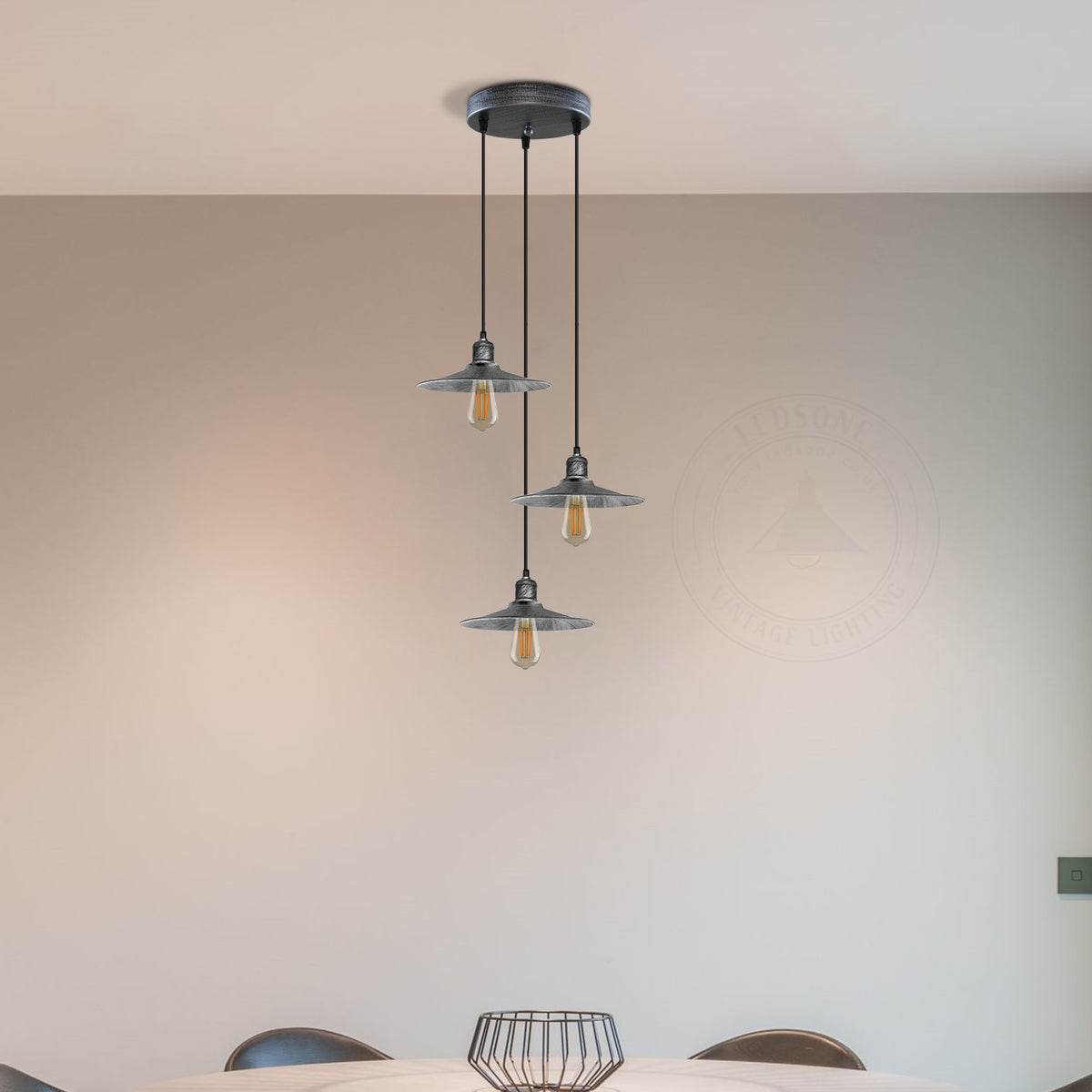 LEDSONE 3 Head Round Base Vintage Pendant Light, Brushed Brass Metal Shades – Kitchen Island & Dining Room