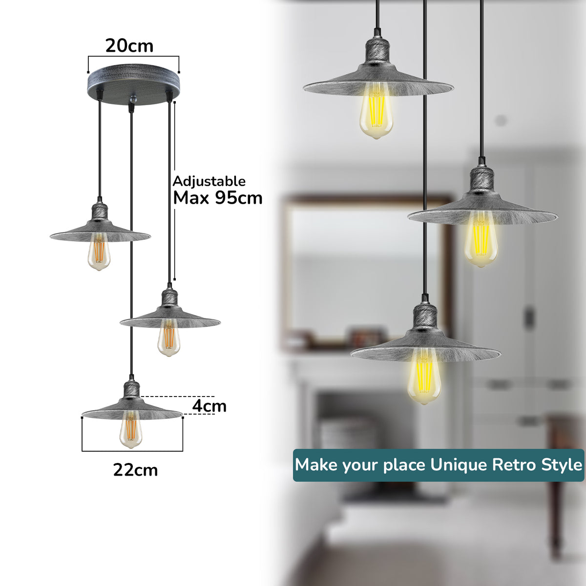 LEDSONE 3 Head Round Base Vintage Pendant Light, Brushed Brass Metal Shades – Kitchen Island & Dining Room
