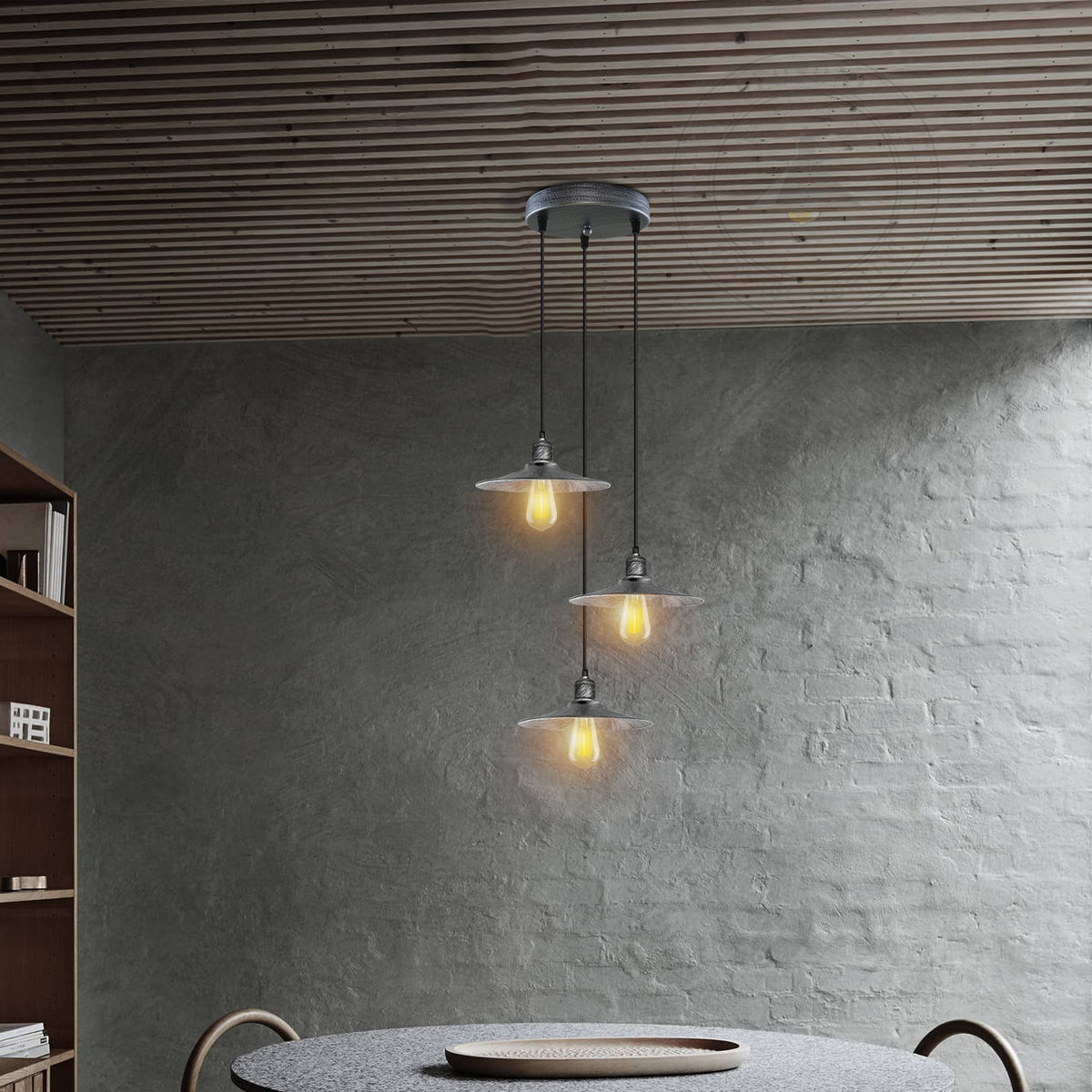 LEDSONE 3 Head Round Base Vintage Pendant Light, Brushed Brass Metal Shades – Kitchen Island & Dining Room