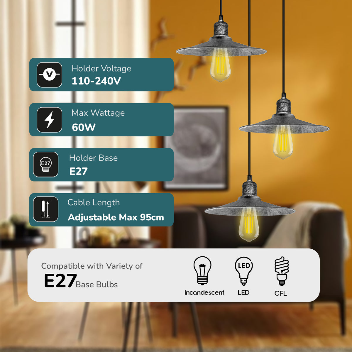 LEDSONE 3 Head Round Base Vintage Pendant Light, Brushed Brass Metal Shades – Kitchen Island & Dining Room