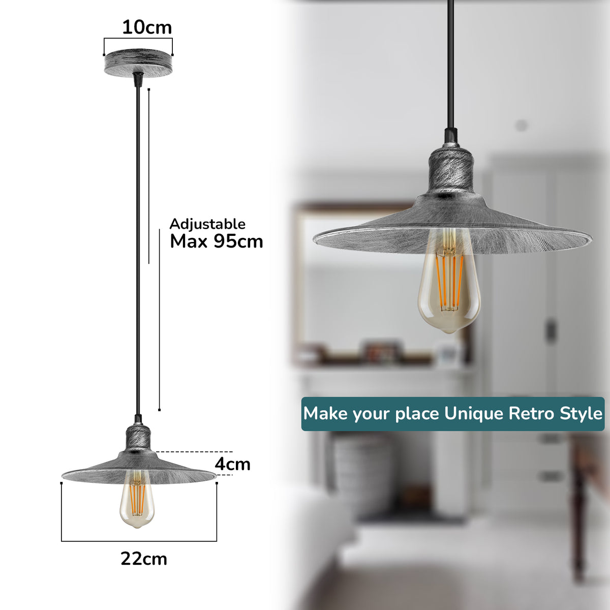 Single Head Vintage Pendant Light with Brushed Brass Metal Shade – Hanging Lamp for Kitchen & Dining