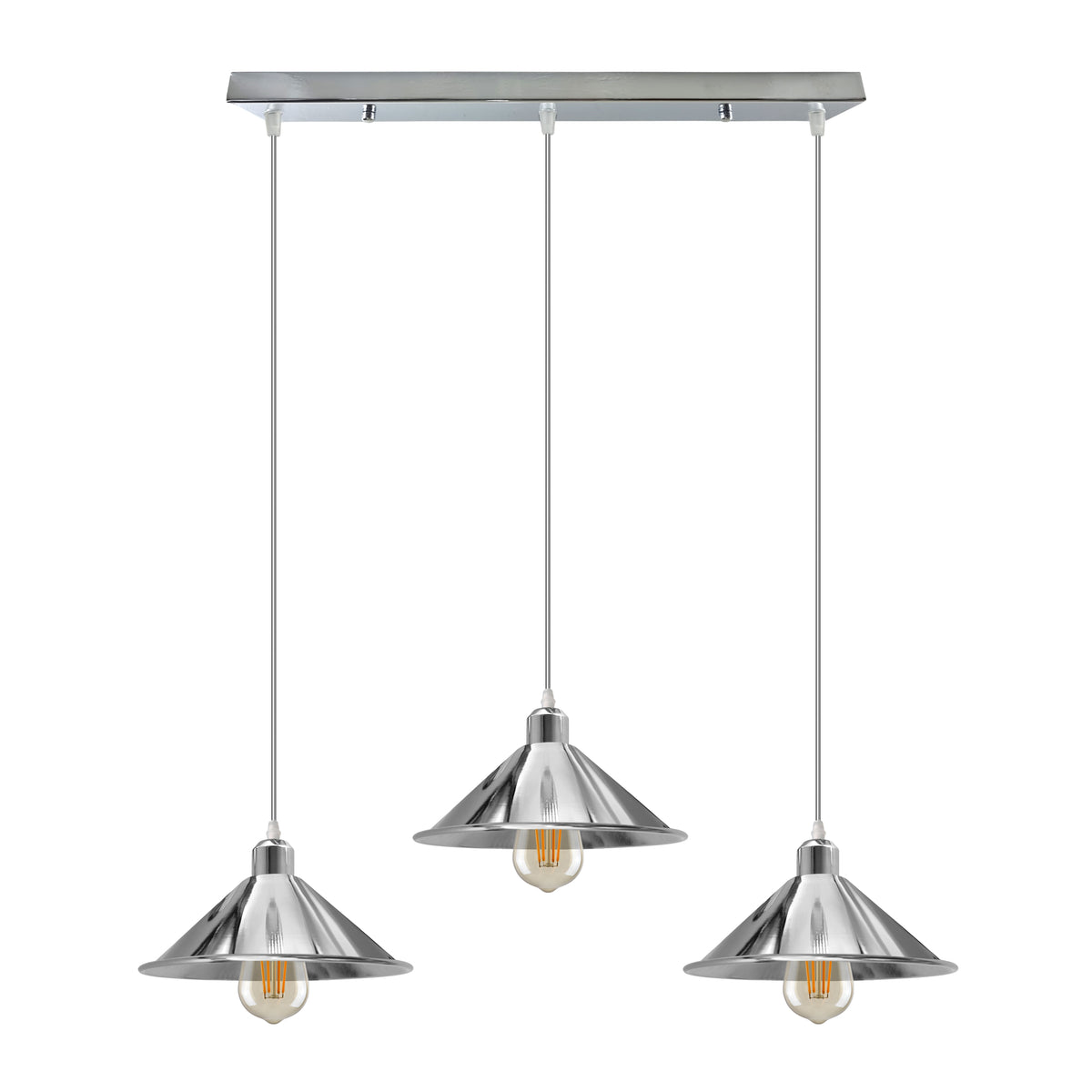 LEDSONE 3-Head Industrial Vintage Pendant Light with 22cm Metal Cone Shades – Rectangular Base
