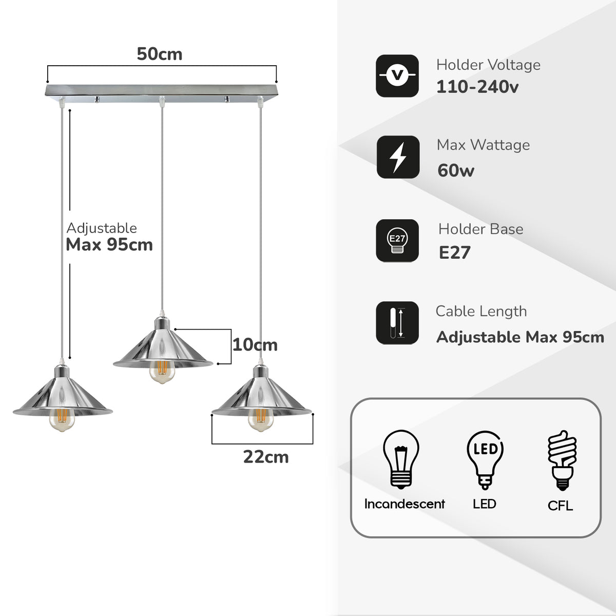 LEDSONE 3-Head Industrial Vintage Pendant Light with 22cm Metal Cone Shades – Rectangular Base