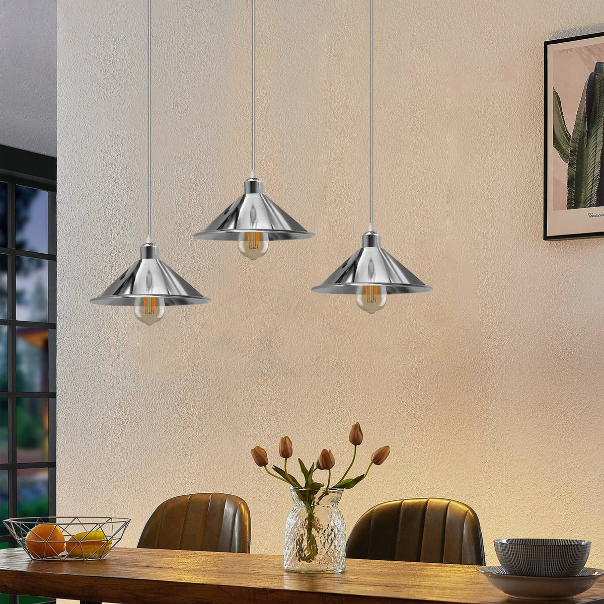 LEDSONE 3-Head Industrial Vintage Pendant Light with 22cm Metal Cone Shades – Rectangular Base
