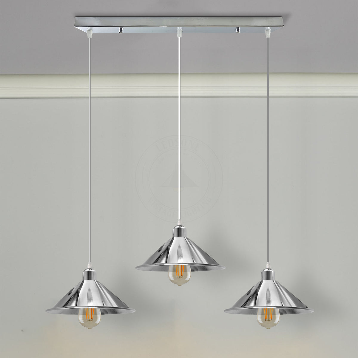 LEDSONE 3-Head Industrial Vintage Pendant Light with 22cm Metal Cone Shades – Rectangular Base