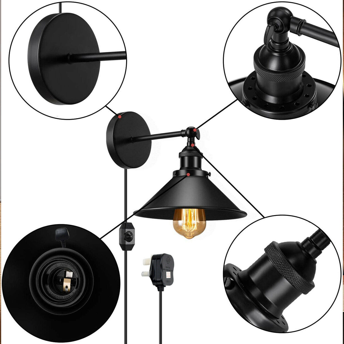 LEDSONE Modern Black Plug-In Wall Light with Cone Metal Shade, 2m Dimmable UK Plug Cable – Indoor Sconce