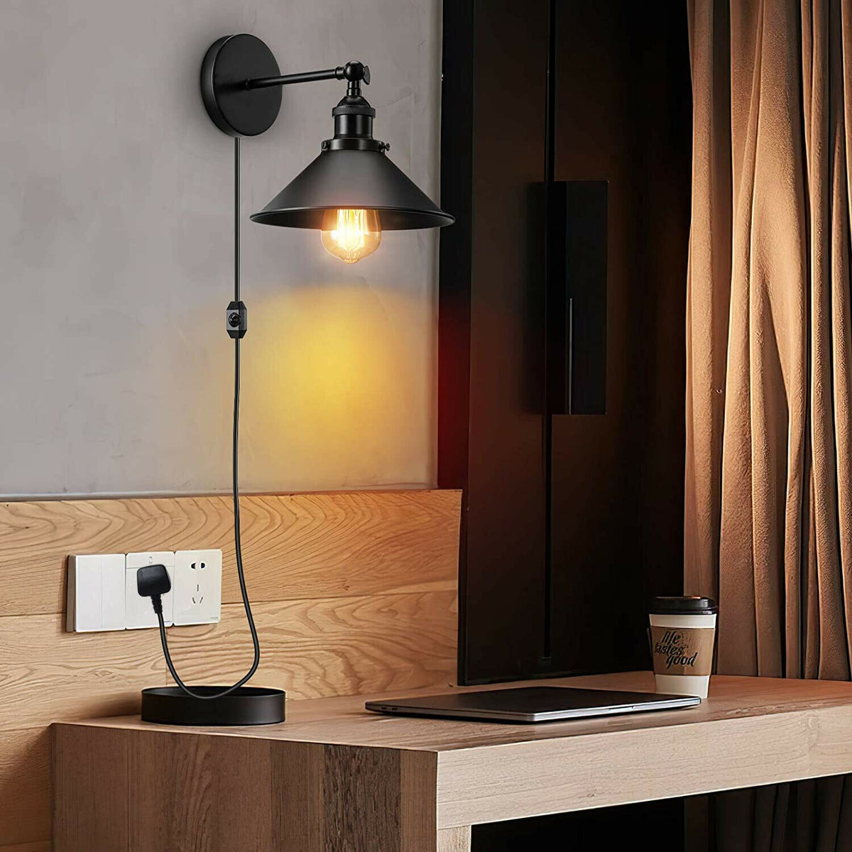 LEDSONE Modern Black Plug-In Wall Light with Cone Metal Shade, 2m Dimmable UK Plug Cable – Indoor Sconce