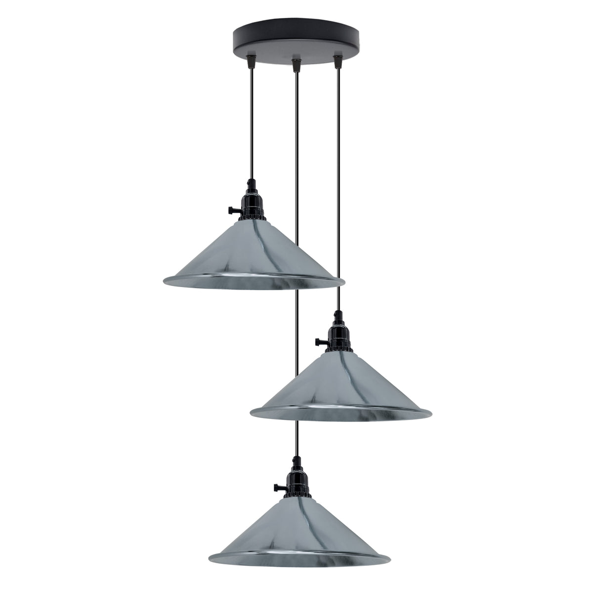 LEDSONE Industrial 3 Head Cone Cluster Ceiling Pendant Light, E27 Base, Adjustable Cord – Metal Fitting