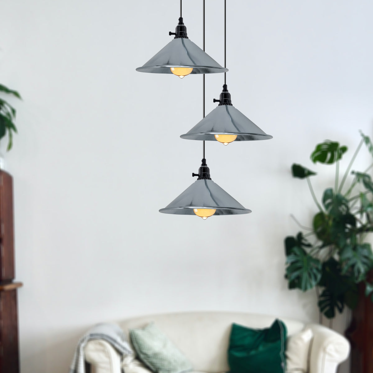 LEDSONE Industrial 3 Head Cone Cluster Ceiling Pendant Light, E27 Base, Adjustable Cord – Metal Fitting
