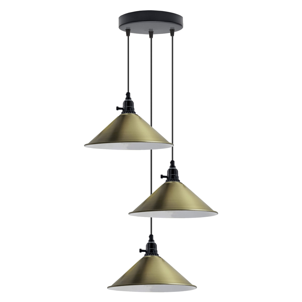 LEDSONE Industrial 3 Head Cluster Pendant Light with 22cm Metal Cone Shades & Adjustable Cords – Vintage Style