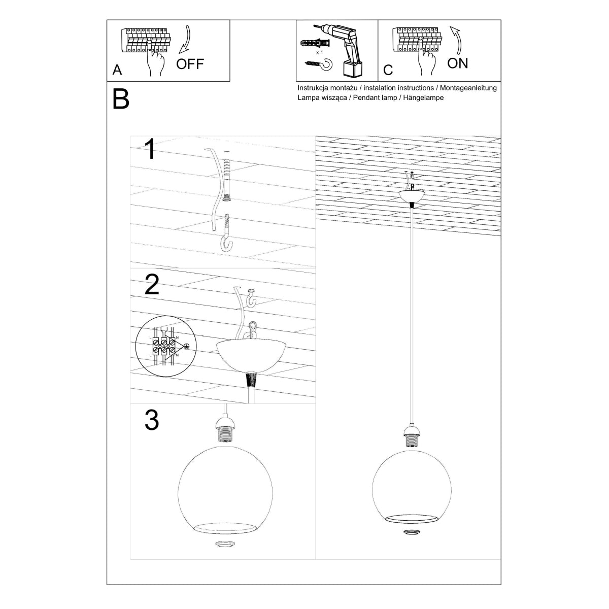 Ball Glass & Steel Pendant Light, E27