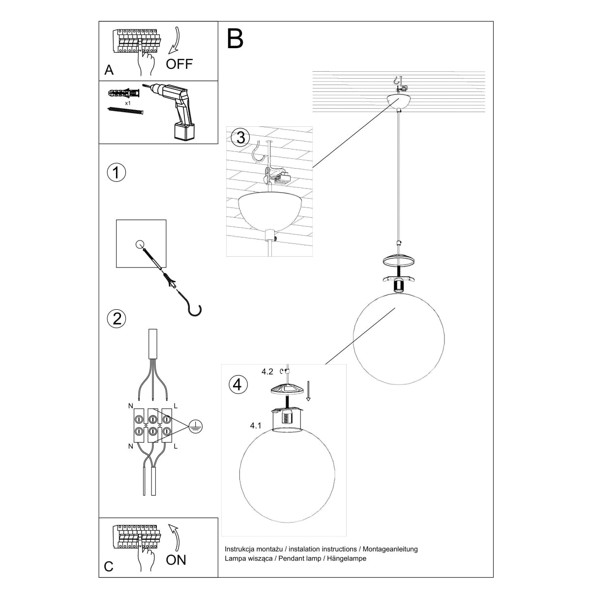 Sollux Lighting Ugo Pendant Lamp with Glass Shade and E27 Fitting – Minimalist Ceiling Light, White & Chrome