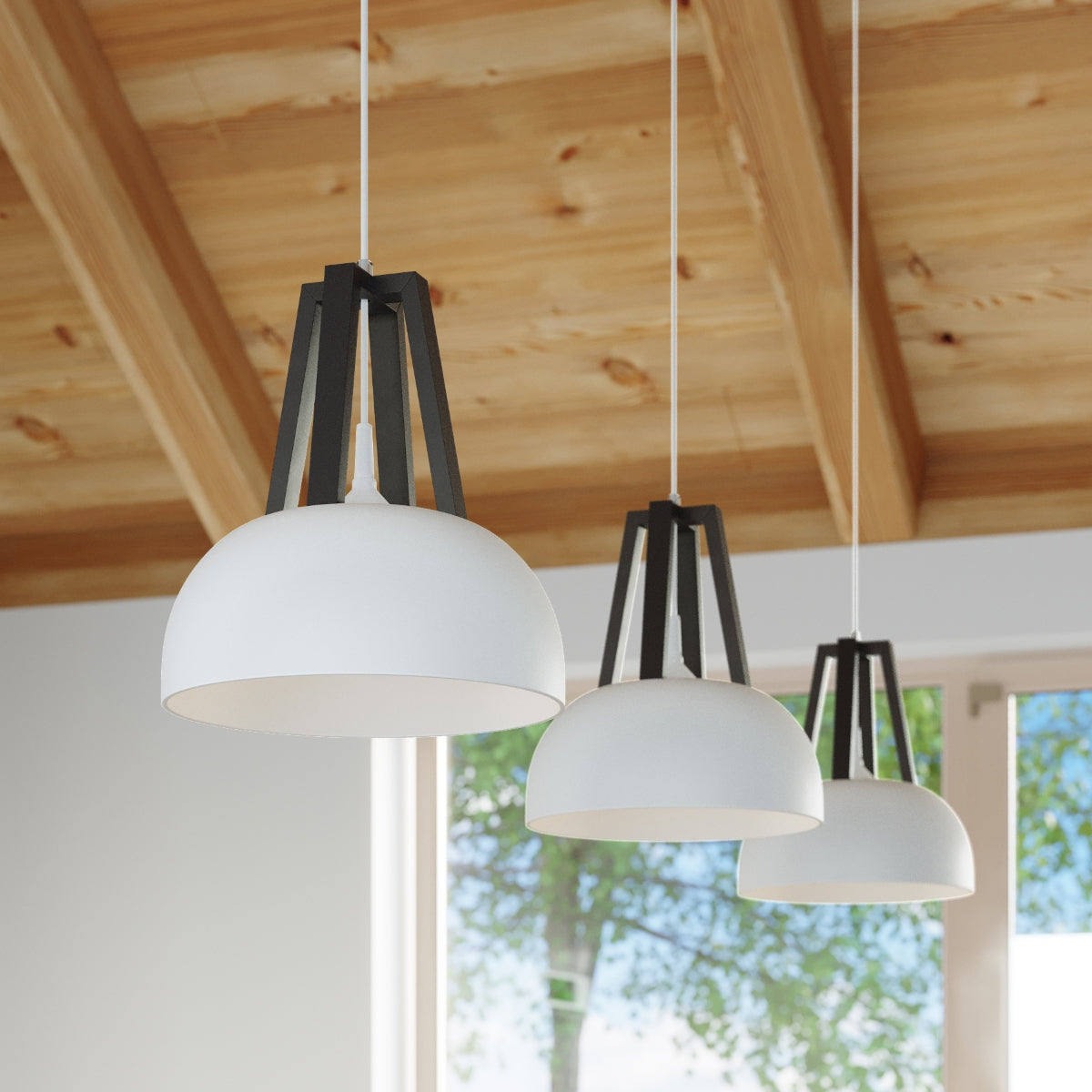 Sollux Casco Pendant Light with E27 Bulb Fitting – Modern Steel and Wood Lamp, White and Black