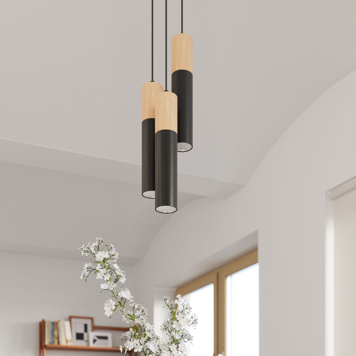 Sollux Pablo Pendant Light with GU10 Bulb Fitting – Modern Steel and Wood Lamp, Black and Natural Wood