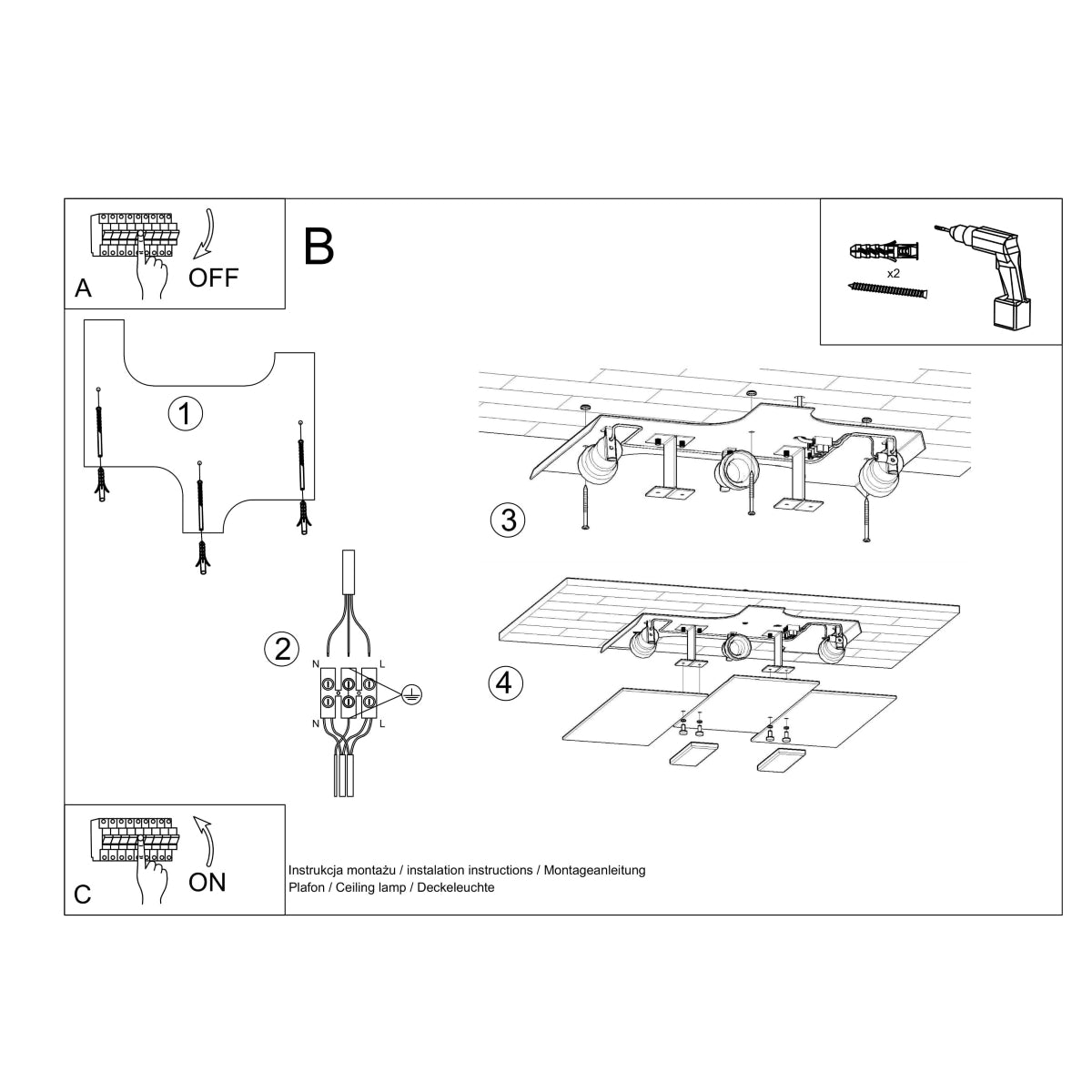 Sollux Lighting Fabiano Ceiling Lamp with 3 E27 Lights – Steel and Glass Ceiling Light, Chrome