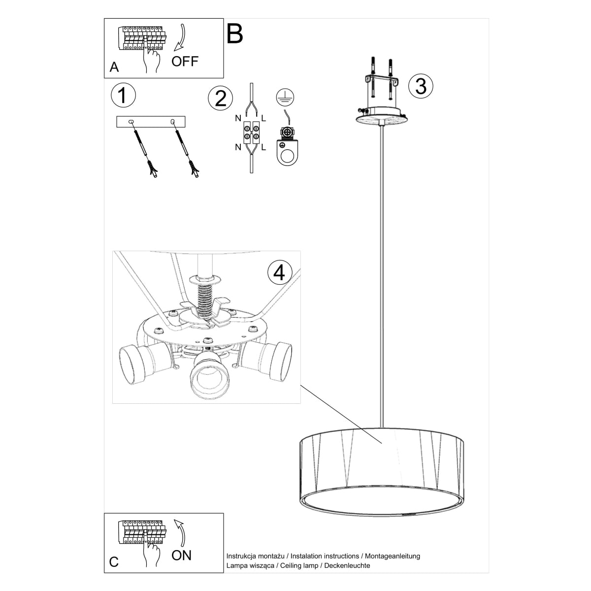 Sollux Lighting Rollo Chandelier with 3 E27 Lights – Minimalist Fabric and Steel Ceiling Light, White