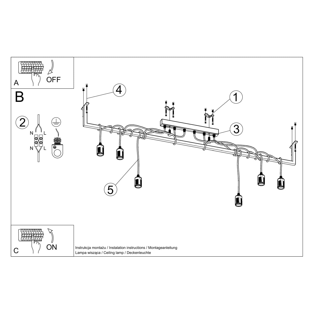 Sollux Salamanca Chandelier with 6 E27 Lights, Fabric and Steel – Modern Design, Black