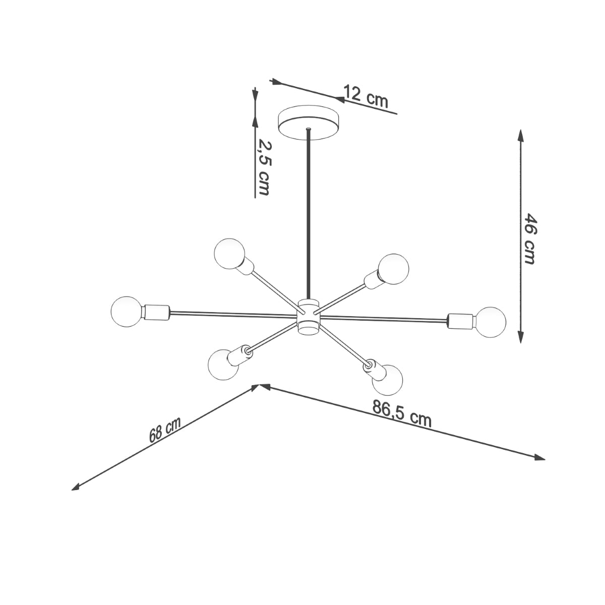 Sollux Lighting Lango Steel Chandelier with 6 E27 Lights – Modern Design Ceiling Light, Black