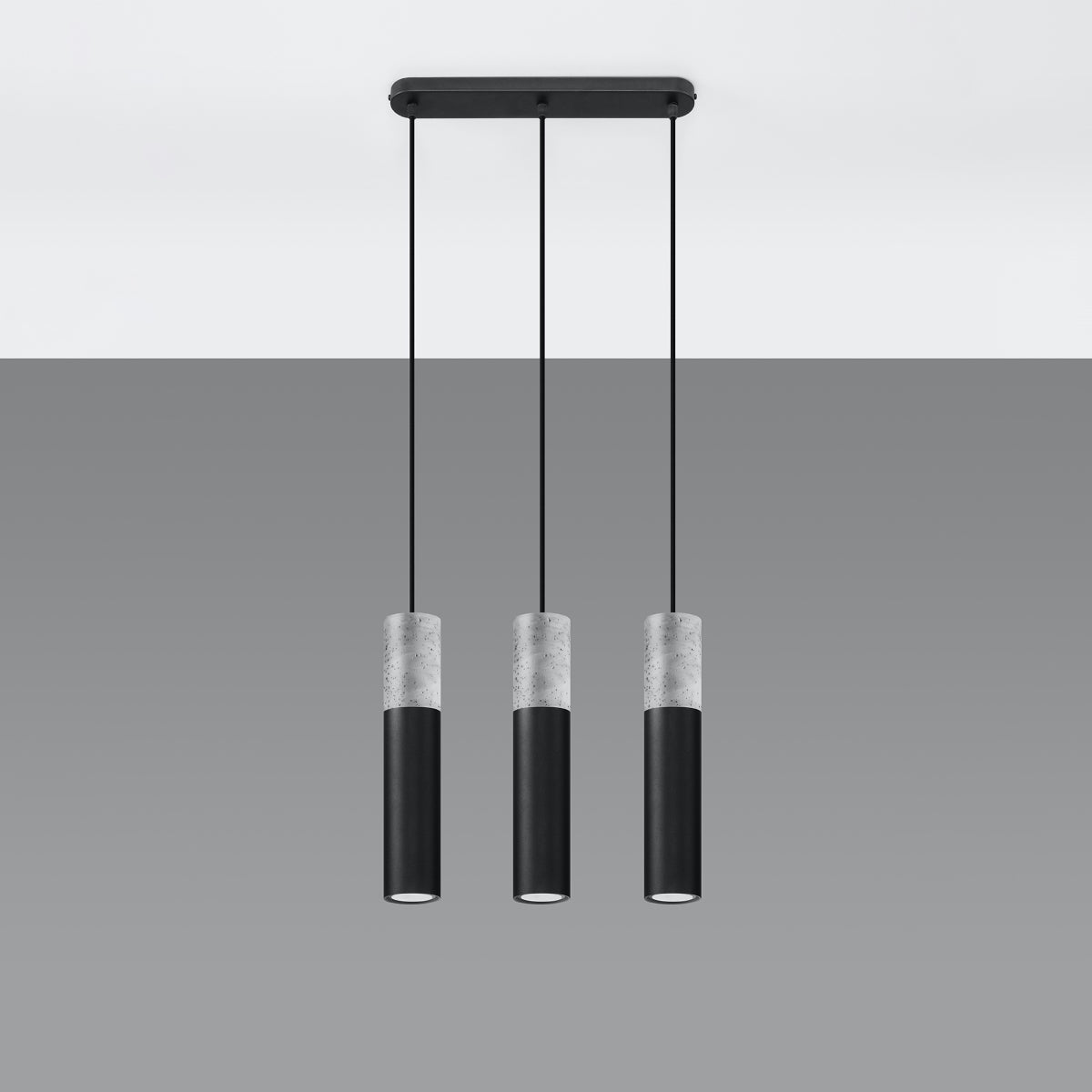 Sollux Borgio 3-Light Pendant Lamp in Black Steel and Grey Concrete, GU10 Fitting – Modern Ceiling Light