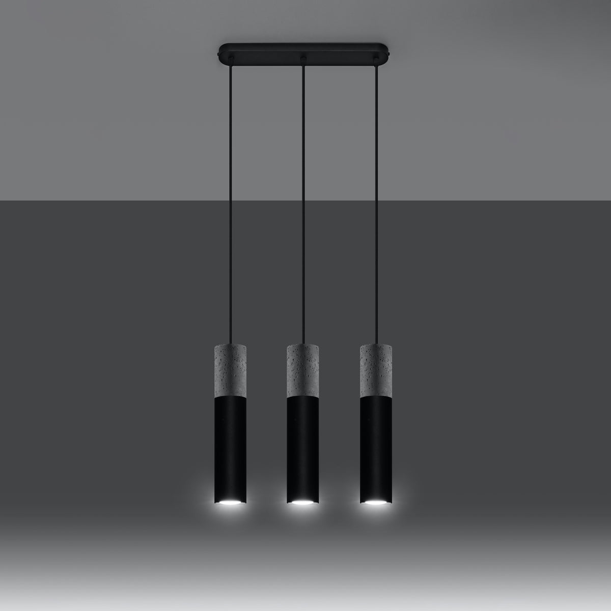 Sollux Borgio 3-Light Pendant Lamp in Black Steel and Grey Concrete, GU10 Fitting – Modern Ceiling Light