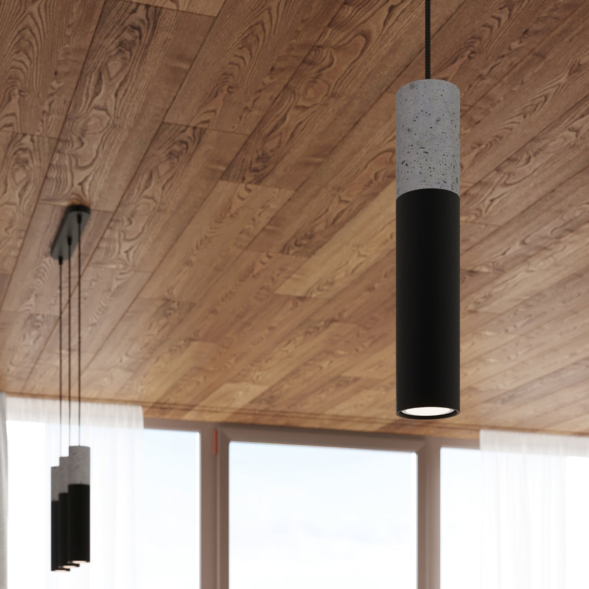 Sollux Borgio 3-Light Pendant Lamp in Black Steel and Grey Concrete, GU10 Fitting – Modern Ceiling Light