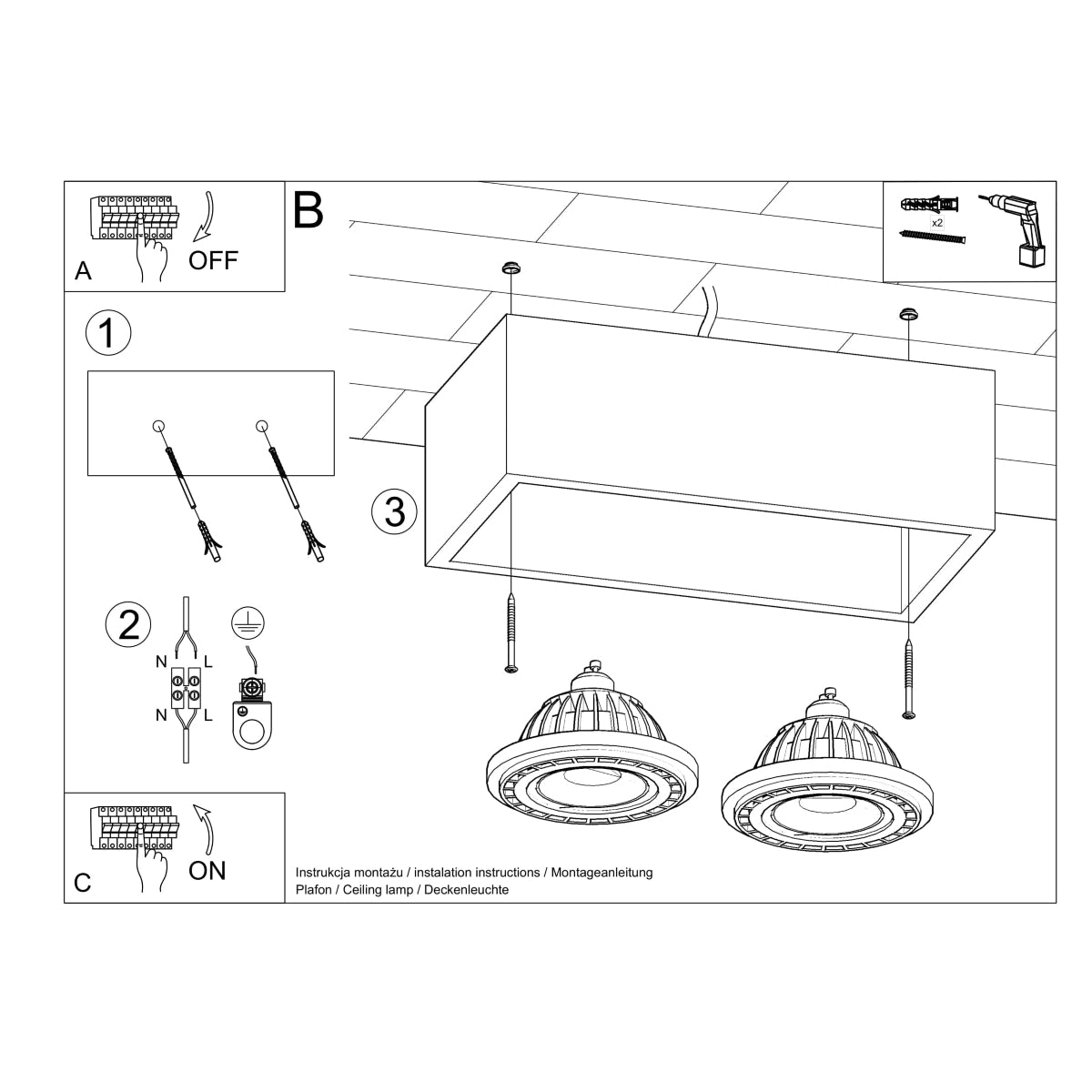 Sollux Lighting Quatro Concrete Ceiling Light with 2 GU10 Spots – Industrial Design, Grey