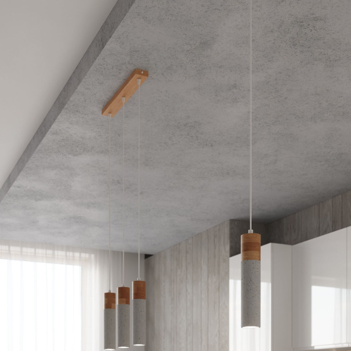 Zane Industrial Pendant Lamp in Concrete and Wood, GU10 – Grey and Natural Wood