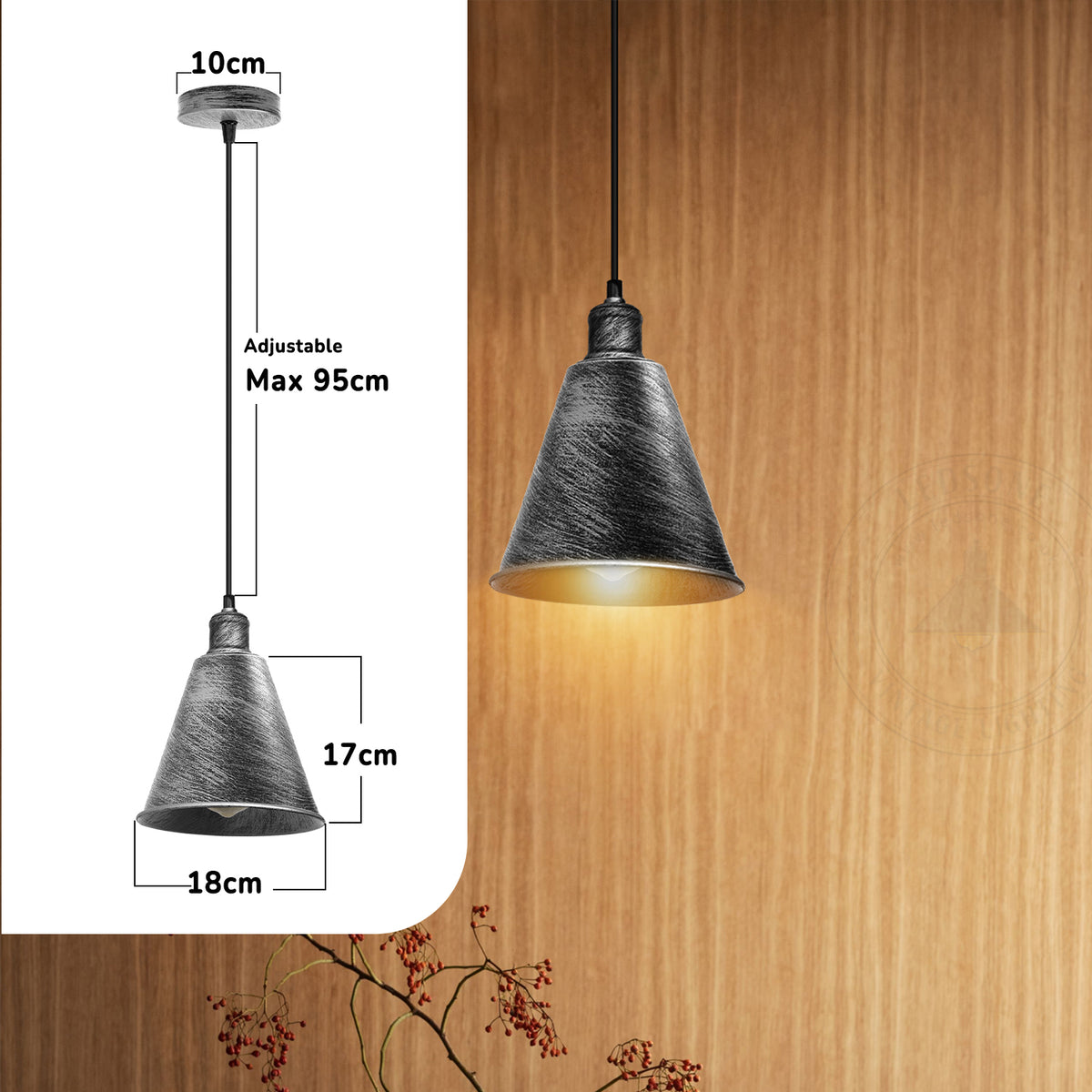 LEDSONE Modern Hanging Cone Pendant Light with E27 Base – Brushed Silver Metal Lampshade Ceiling Fixture