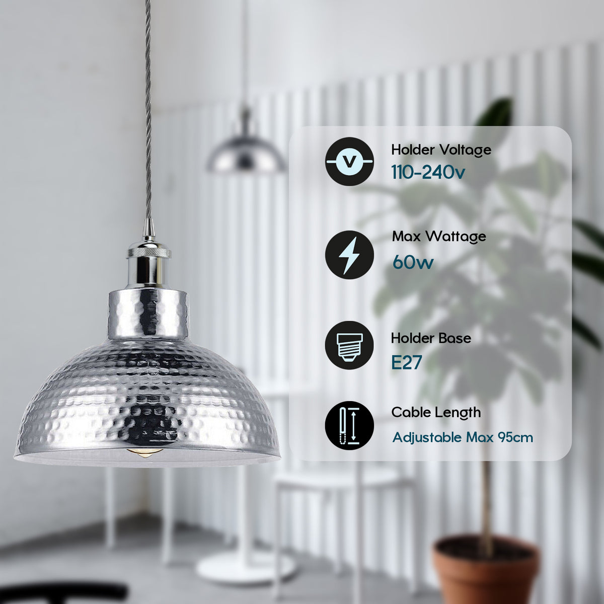 LEDSONE Vintage Industrial Chrome Pendant Light with 26cm Metal Shade and E27 Holder – Hanging Lamp for Dining Room