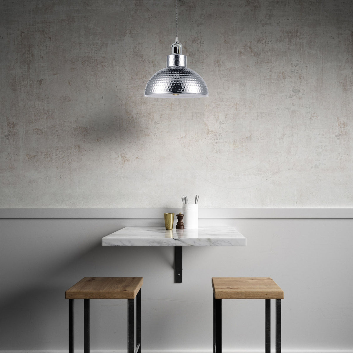 LEDSONE Vintage Industrial Chrome Pendant Light with 26cm Metal Shade and E27 Holder – Hanging Lamp for Dining Room