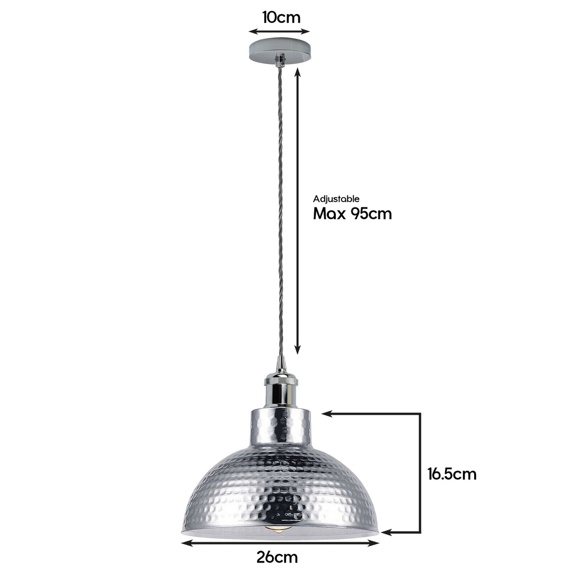 LEDSONE Vintage Industrial Chrome Ceiling Pendant Light with Metal Shade and 95cm Adjustable Cable