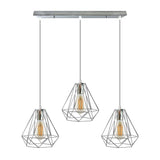 LEDSONE 3-Head Ceiling Pendant with 20cm Chrome Diamond Wire Cages – Vintage Industrial Rectangular Base