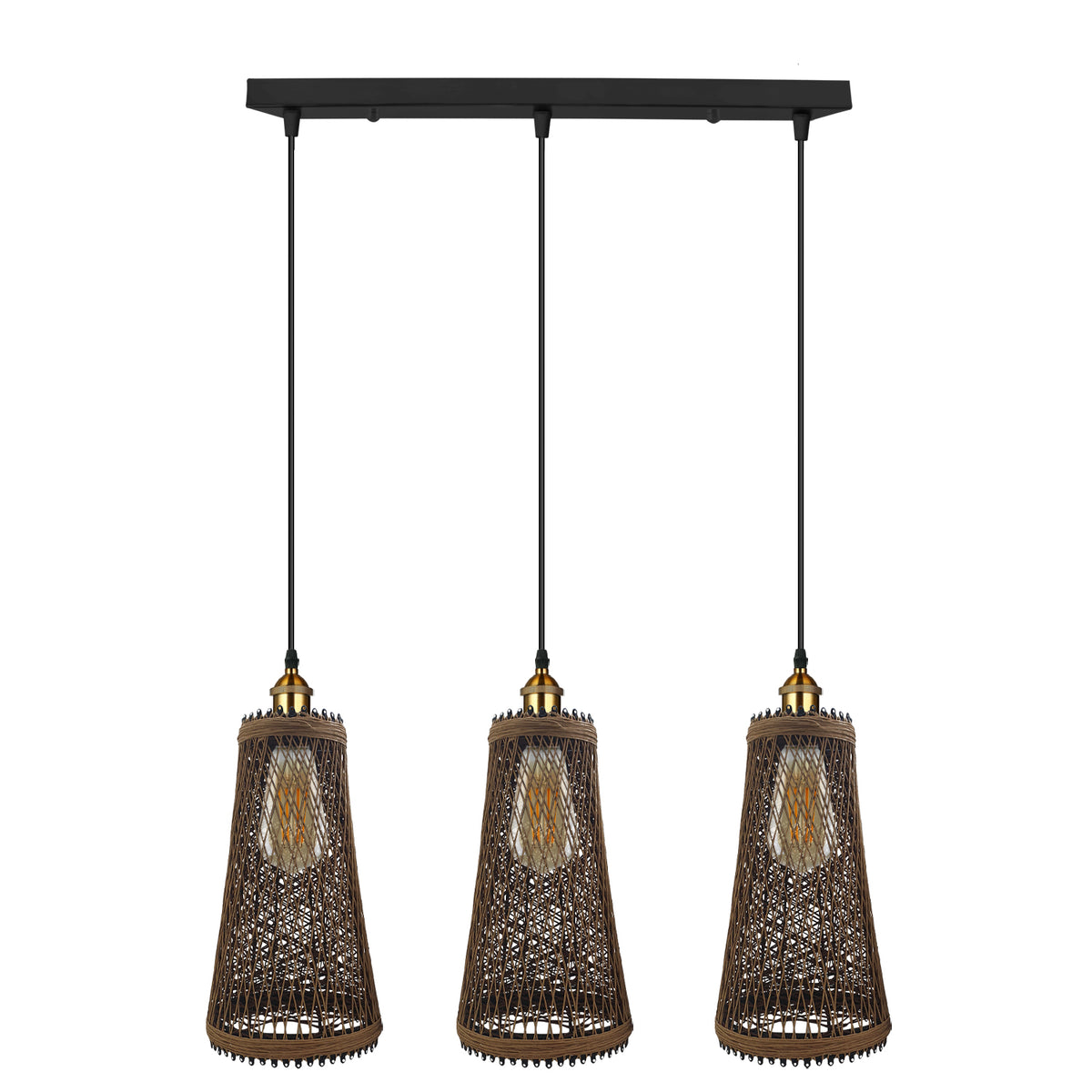 LEDSONE 3 Head Natural Wicker Basket Pendant Light with E27 Holders – Retro Industrial Rattan Ceiling Light