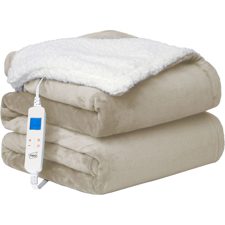 Neo Electric Heated Throw, 160 x 130cm Reversible Flannel & Sherpa Blanket, 10 Heat Settings – Beige