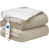 Neo Electric Heated Throw, 160 x 130cm Reversible Flannel & Sherpa Blanket, 10 Heat Settings – Beige