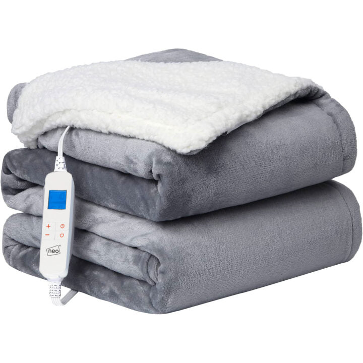 Neo Electric Heated Throw, 160 x 130cm Reversible Flannel & Sherpa Blanket, 10 Heat Settings – Grey