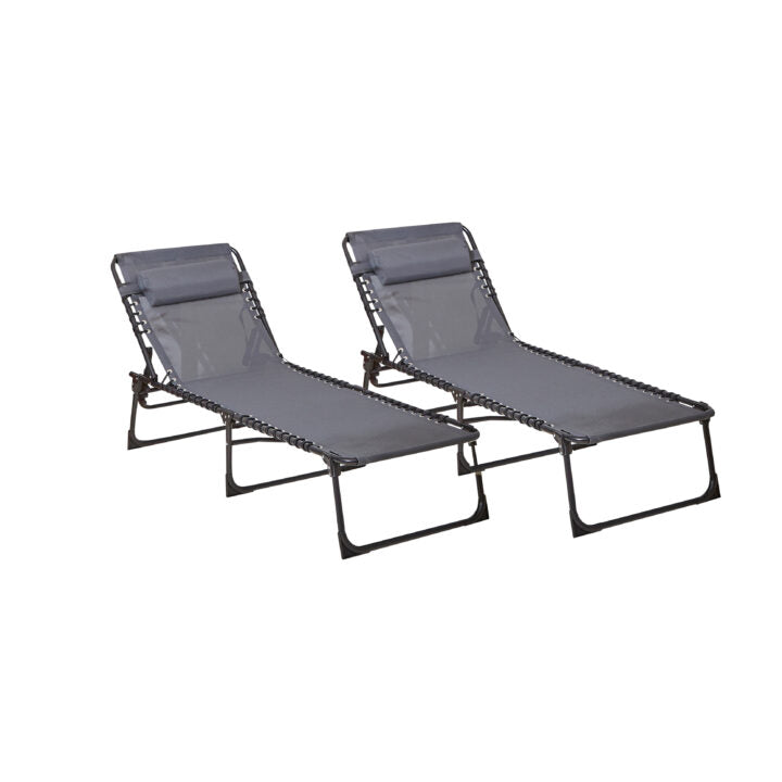Neo Folding Sun Loungers – Set of 2, Adjustable Backrest, Mesh Seat, Grey
