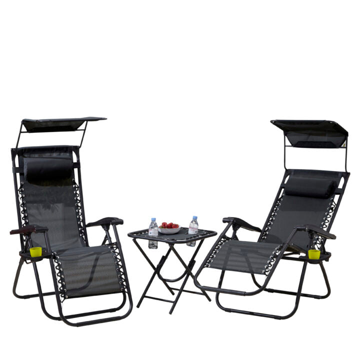 Neo 3-Piece Zero Gravity Chair Set with Side Table & Cup Holder – Folding Garden Loungers, Black