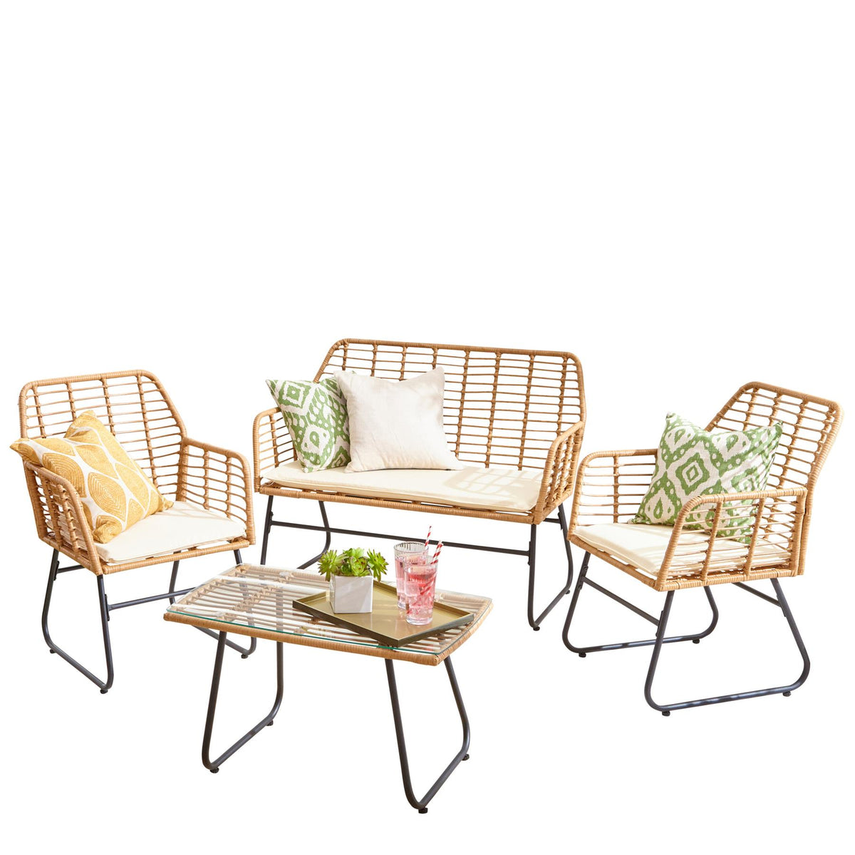 Neo 4-Piece Wicker Bamboo-Style Garden Sofa Set with Table and Chairs – Indoor and Outdoor Rattan Furniture