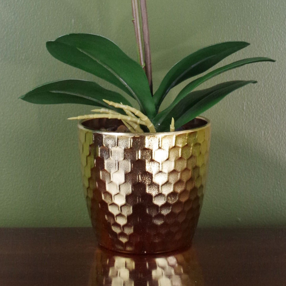 Leaf 50cm Artificial Phalaenopsis Orchid with Real Touch Flowers – Purple and White, Gold Pot