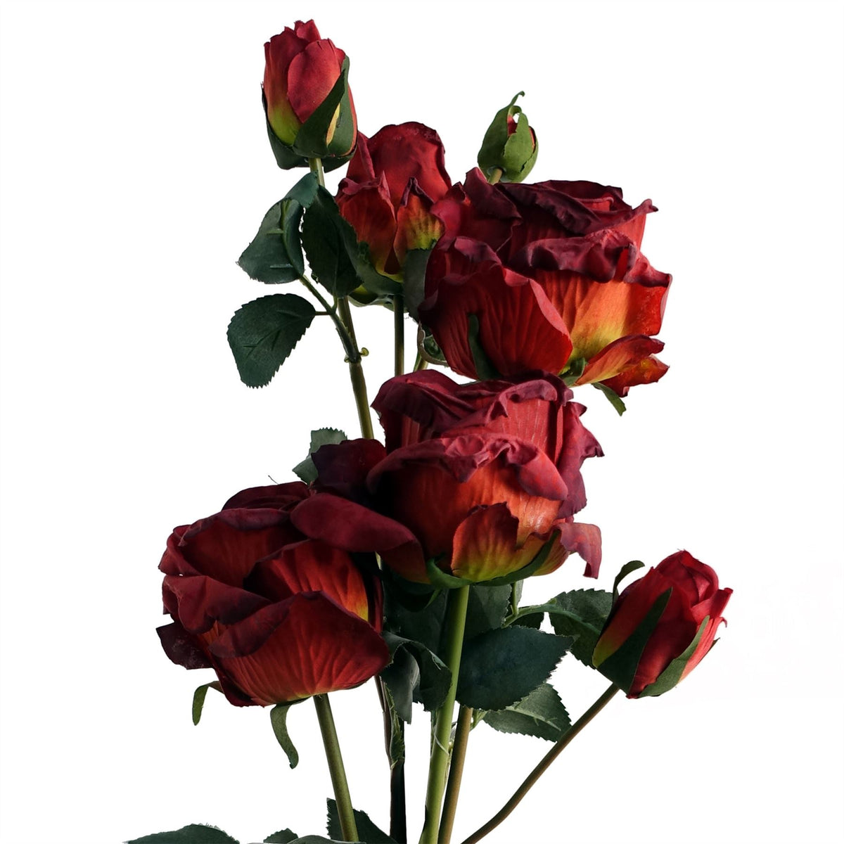 Leaf 60cm Red Rose Artificial Flower Spray with 4 Flowers & 3 Buds – Realistic Hessian-Bound Stems