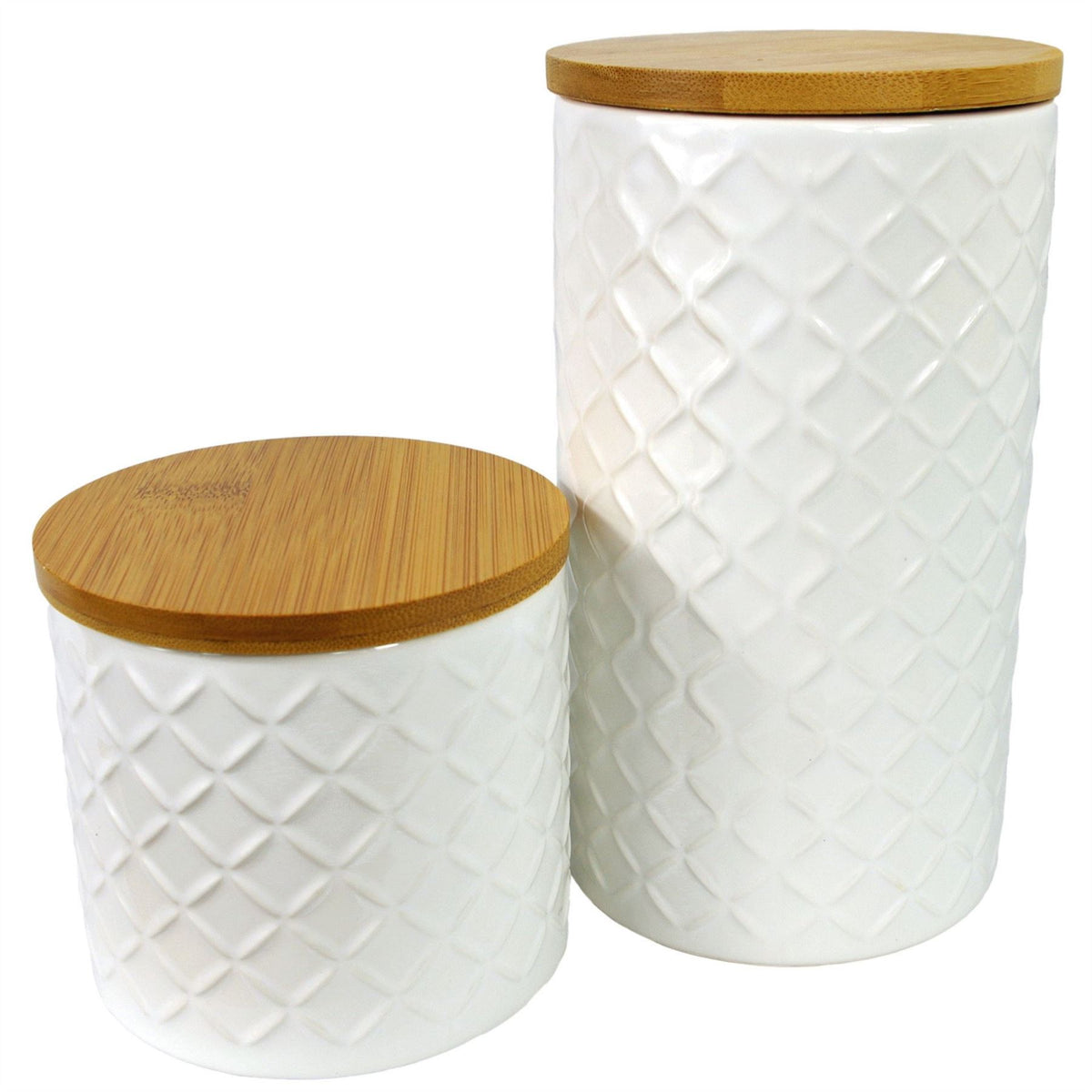Leaf Design UK Set of 2 Embossed Ceramic Kitchen Canisters with Bamboo Lids – Tea, Coffee & Sugar Storage, Cream