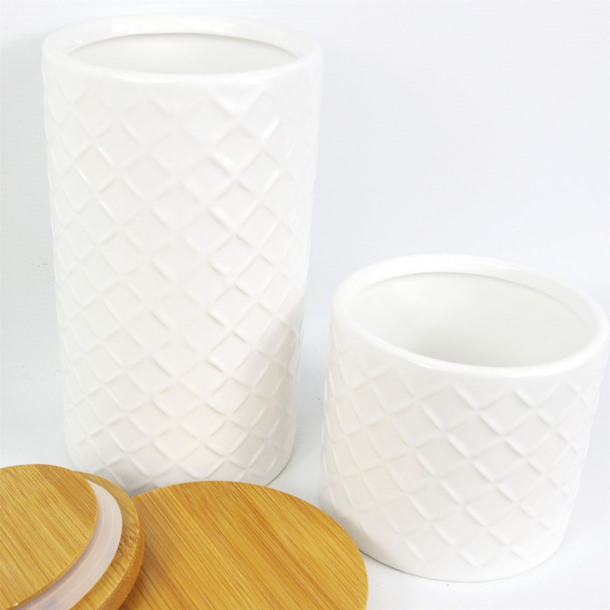 Leaf Design UK Set of 2 Embossed Ceramic Kitchen Canisters with Bamboo Lids – Tea, Coffee & Sugar Storage, Cream