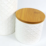 Leaf Design UK Set of 2 Embossed Ceramic Kitchen Canisters with Bamboo Lids – Tea, Coffee & Sugar Storage, Cream