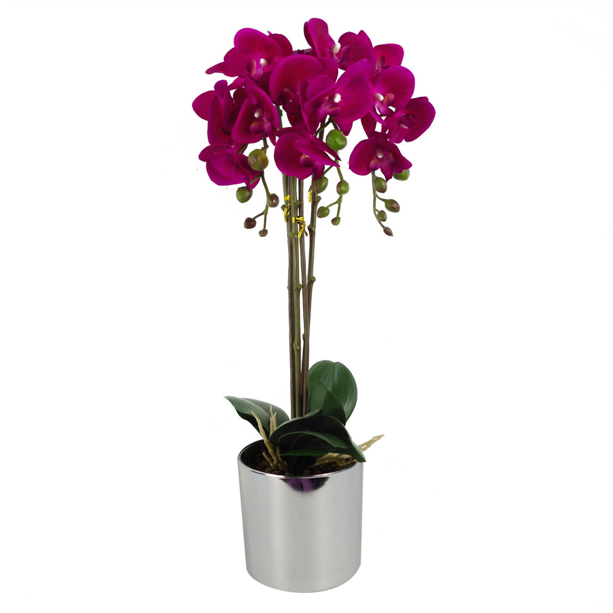 Leaf Design UK 52cm Large Artificial Orchid with Real Touch Flowers & Silver Pot – Dark Pink