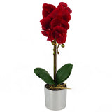 Leaf Design 46cm Artificial Orchid – Red Real Touch Flowers in Decorative Silver Pot